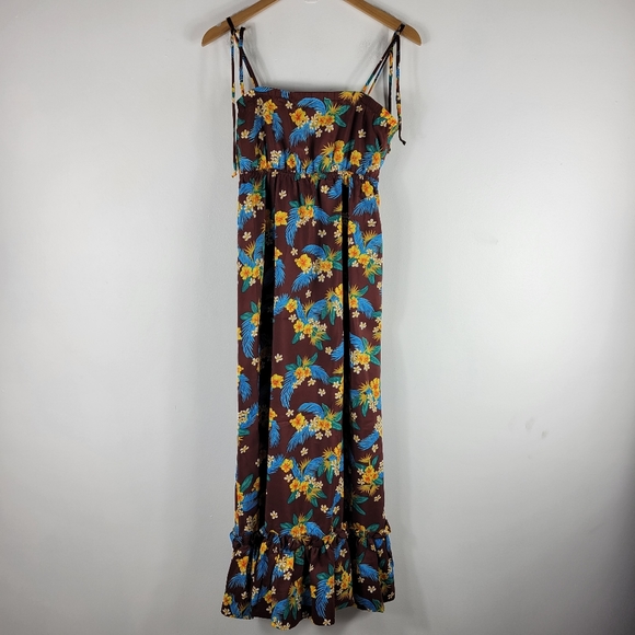 Hilo Hattie Vintage 70s Hawaiian Floral Spaghetti Strap Ruffle Trim Maxi Dress - Picture 1 of 11